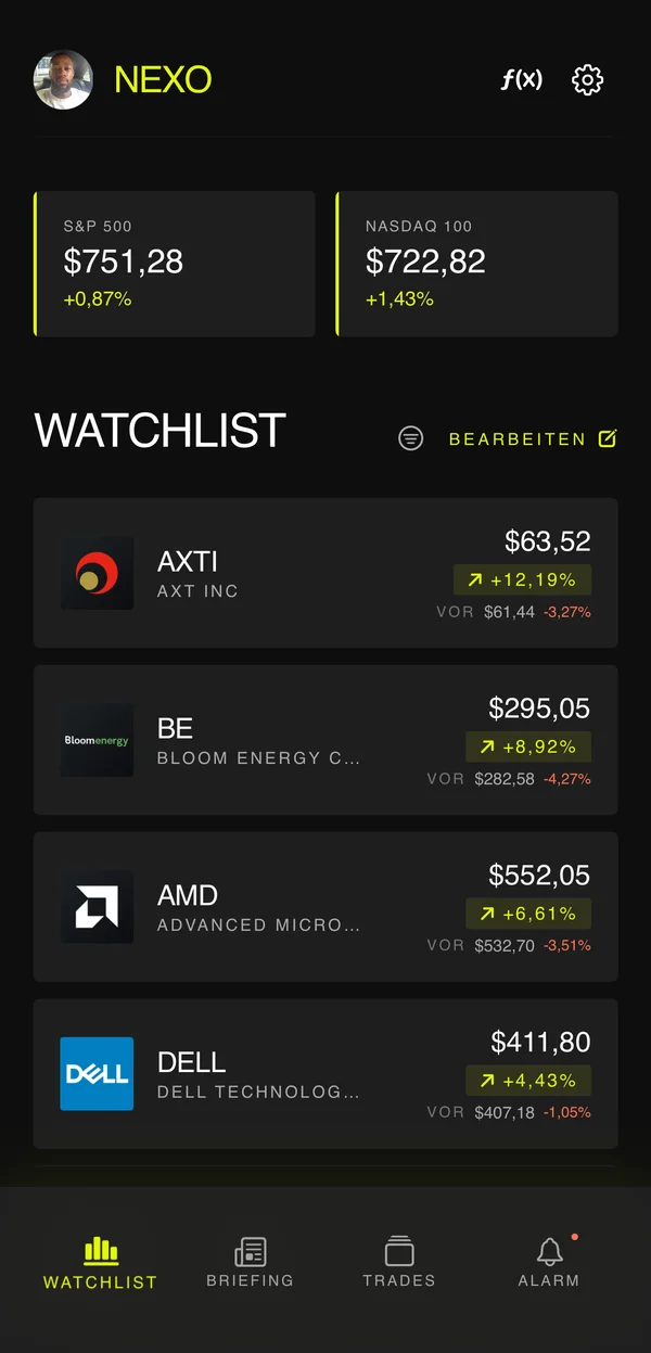 Nexo-Watchlist mit Live-Index-Kacheln und Aktienkursen