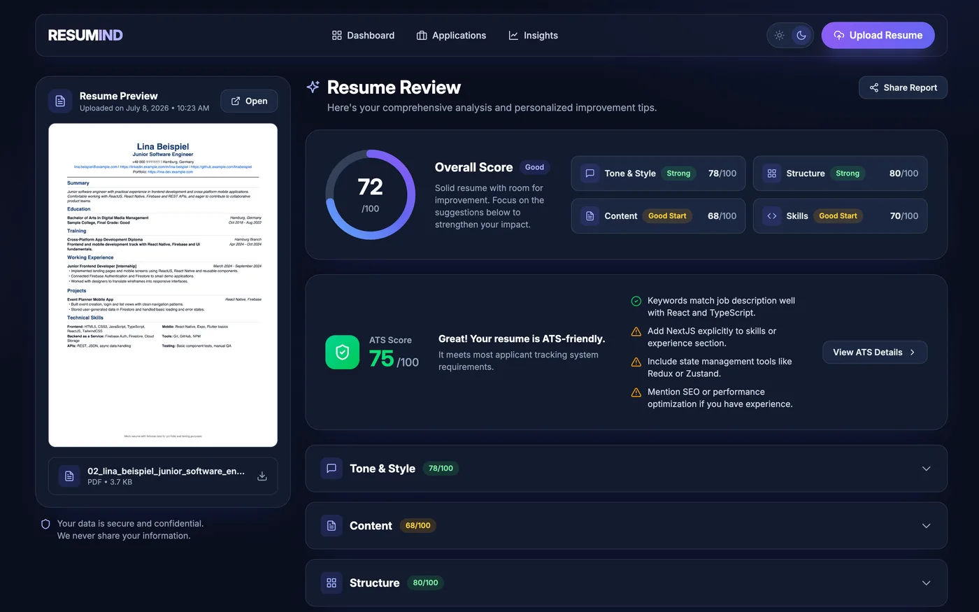 Resumind-Analyseseite mit Gesamt-Score-Ring, Kategorie-Scores und ATS-Feedback